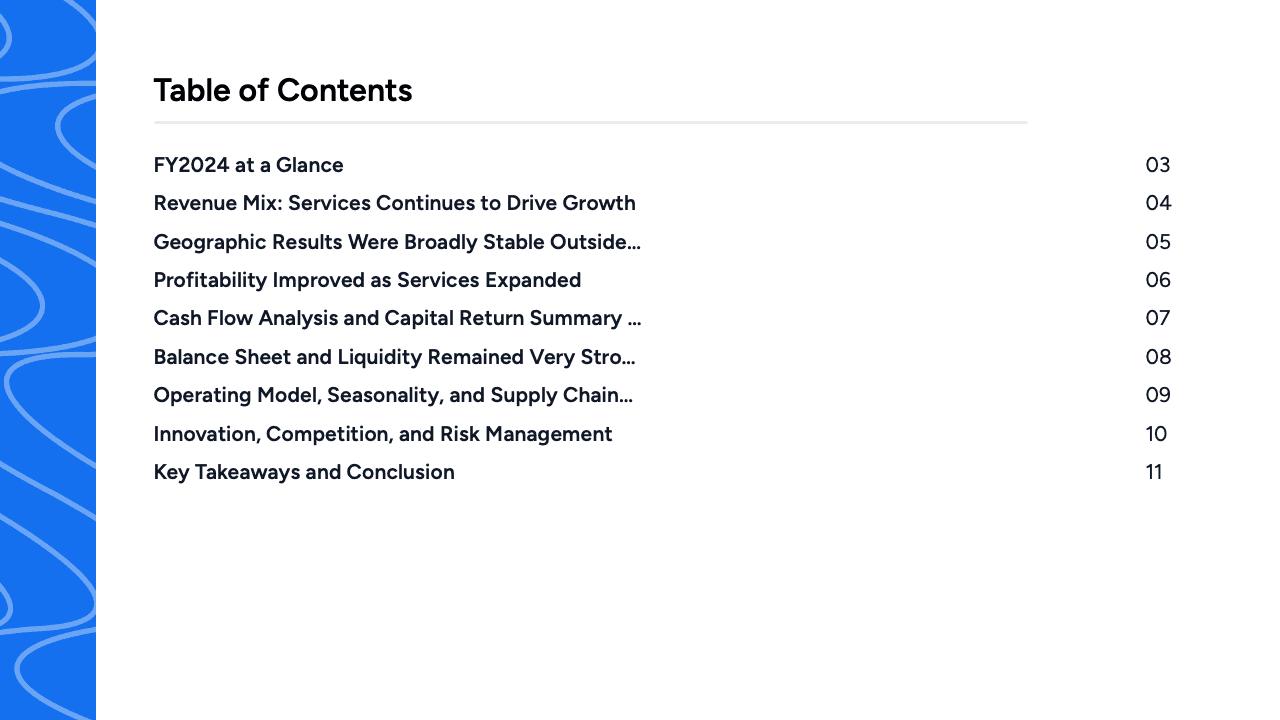 Table of contents slide listing the report sections