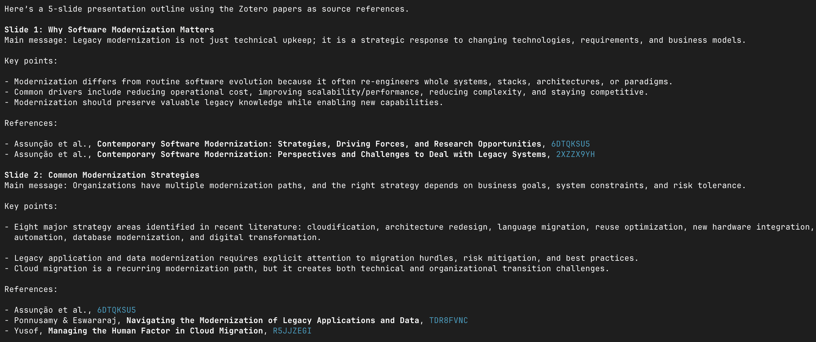 Codex generating a structured slide outline from Zotero papers on software modernization and change management, with main messages, key points, and references per slide