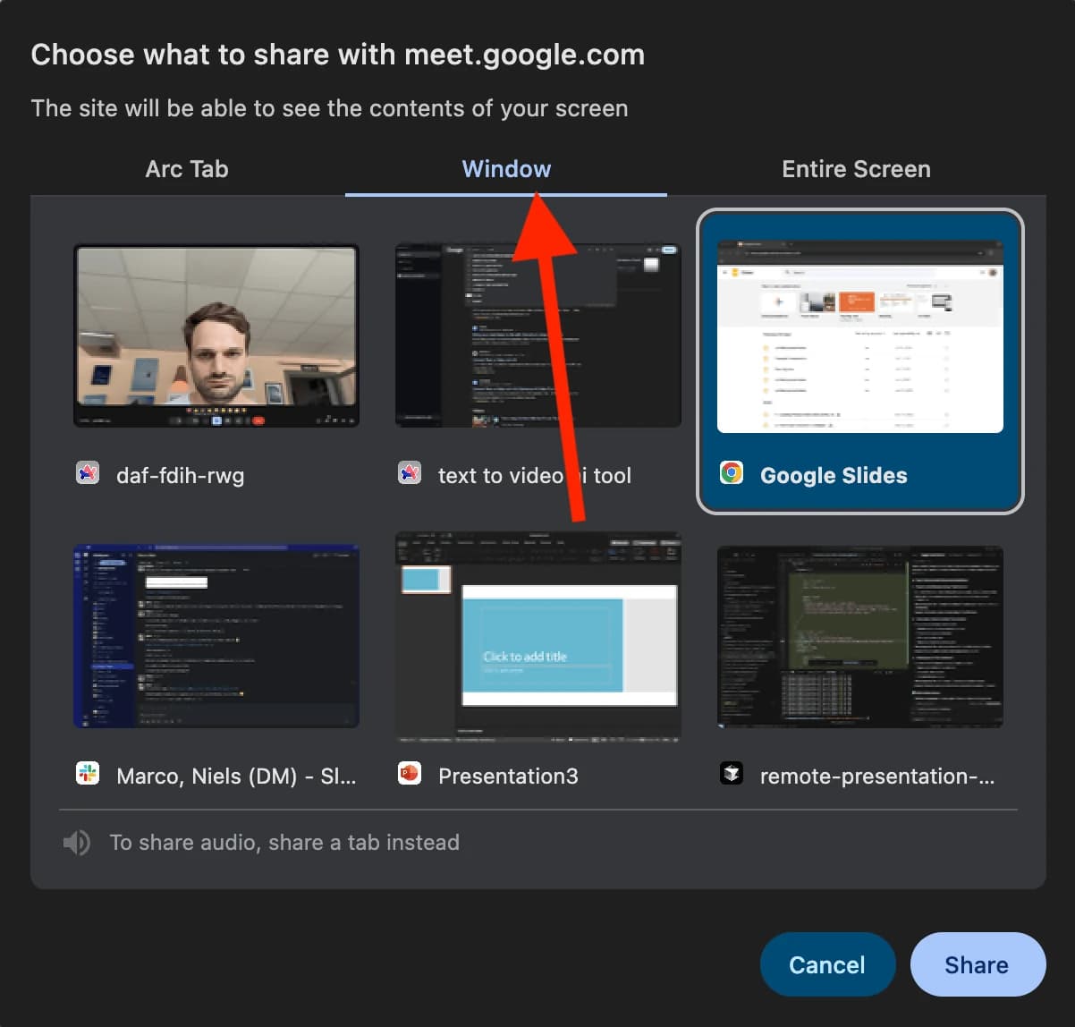 Google Meet share window dialog showing options to share specific windows instead of entire screen