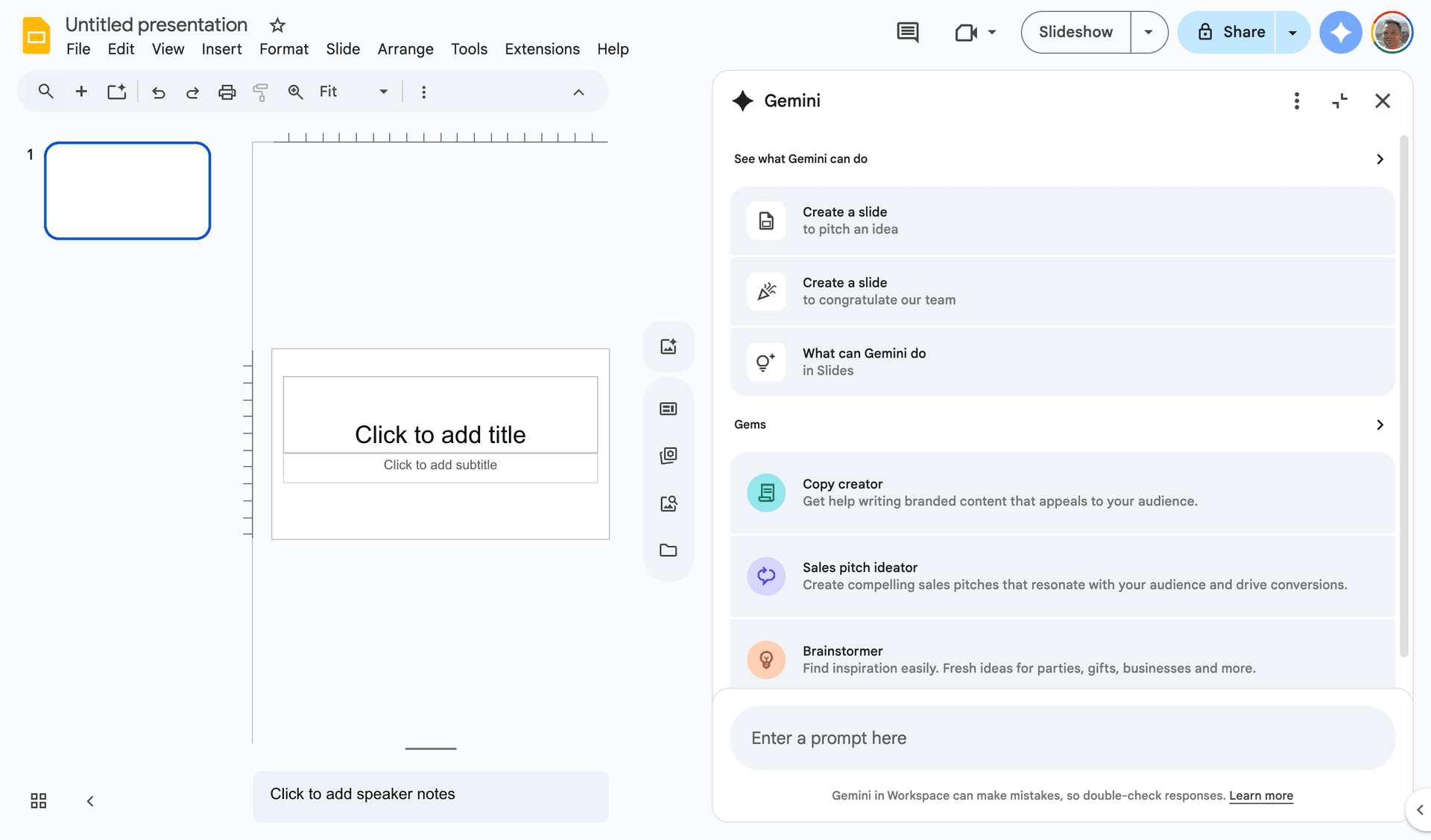 Google Gemini integrated in Google Slides showing AI-powered content creation for consultants