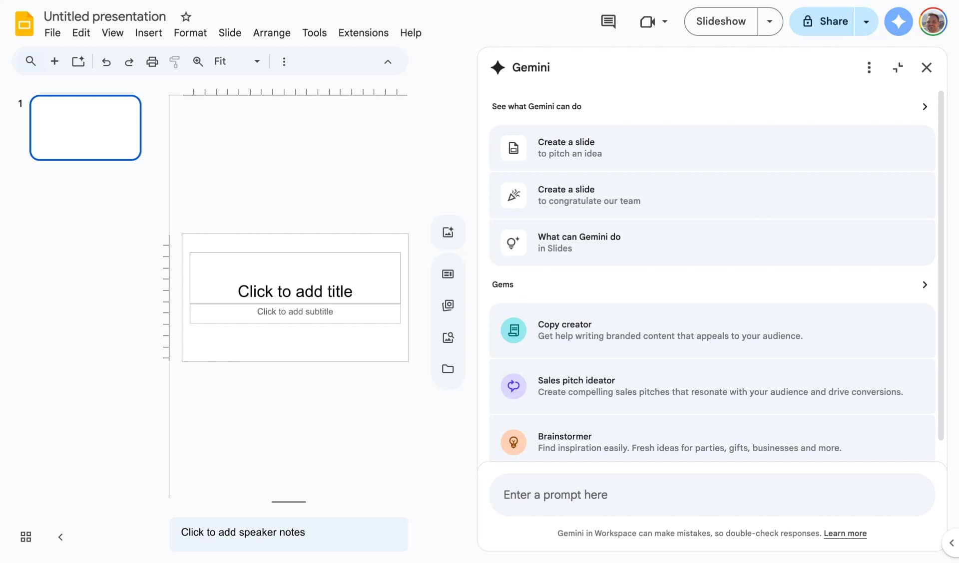 Google Gemini integrated in Google Slides showing AI-powered content creation for consultants