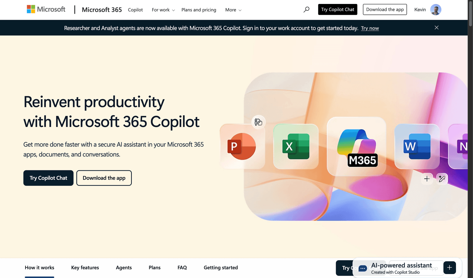 Microsoft Copilot in PowerPoint landing page showing AI-powered presentation features for consultants