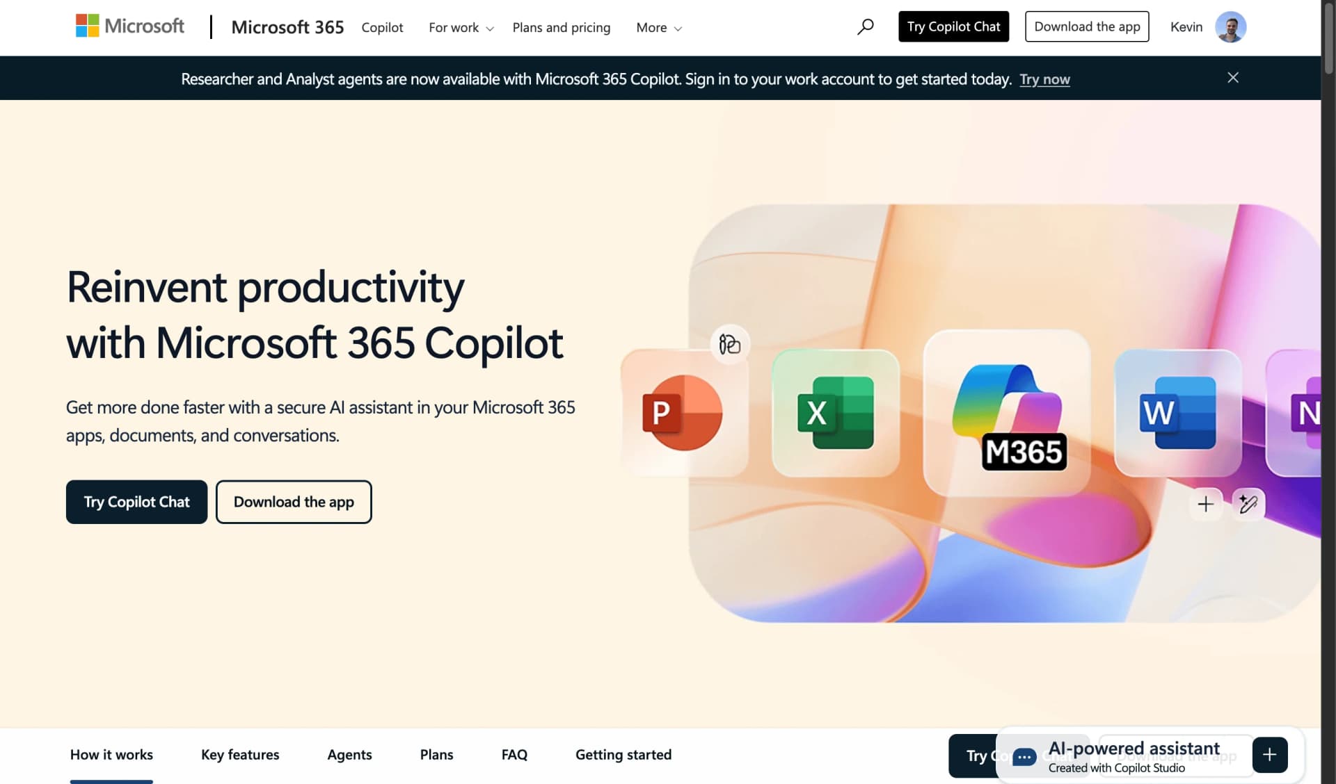 Microsoft Copilot in PowerPoint landing page showing AI-powered presentation features for consultants