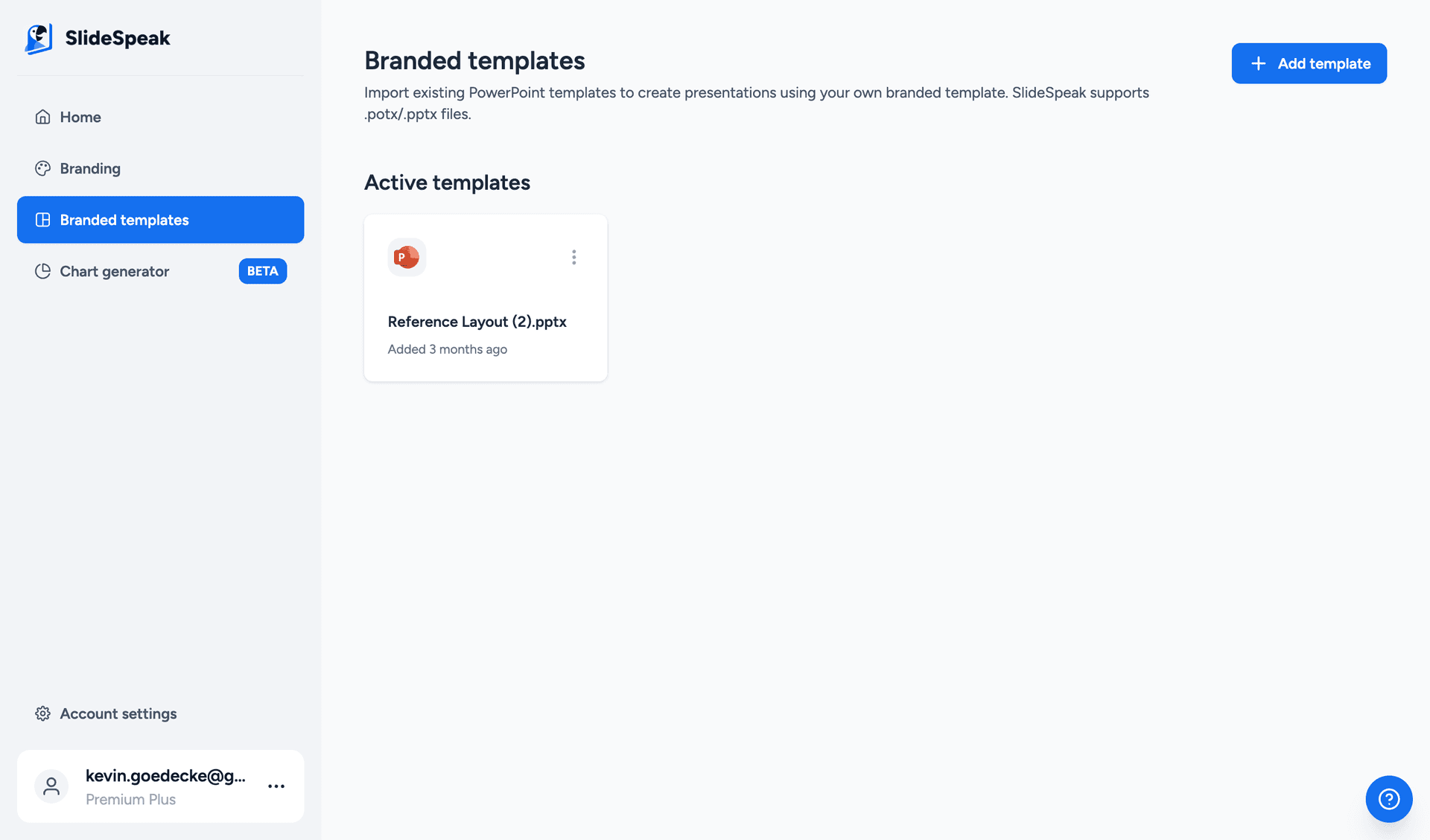 SlideSpeak custom template upload feature showing how consultants can upload their own POTX templates
