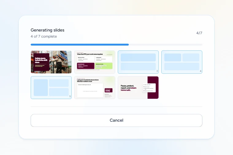 SlideSpeak AI 5.0 generating a deck: finished slides appear in a live preview grid while the rest are still building, with a Cancel button below