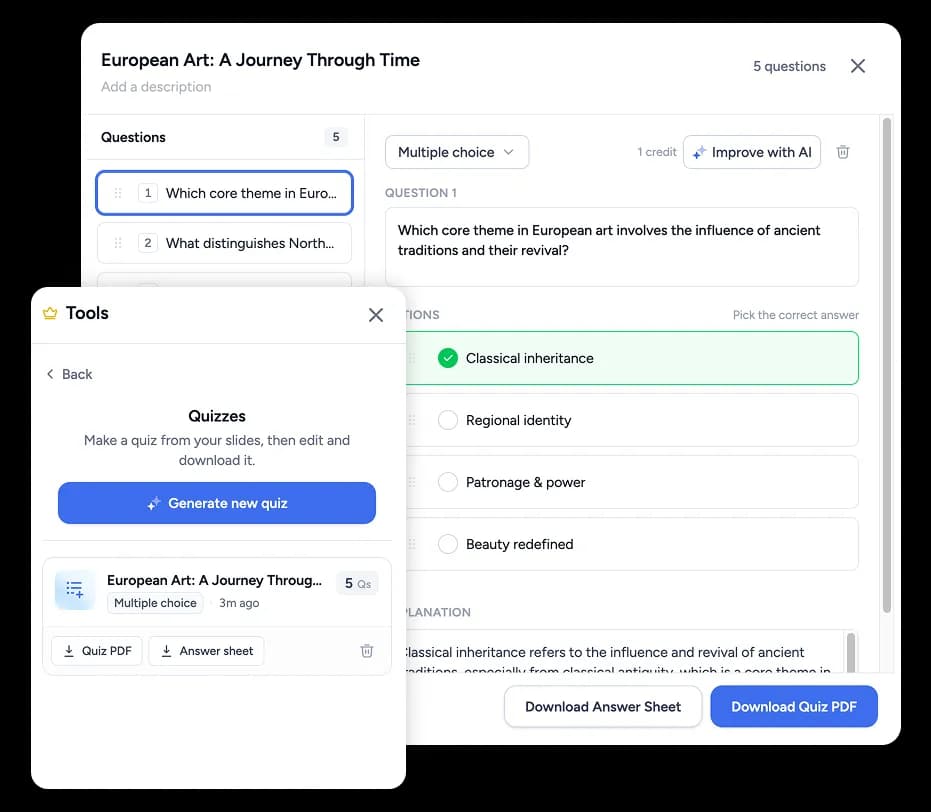 AI quiz generator creating multiple-choice questions from lecture slides in SlideSpeak
