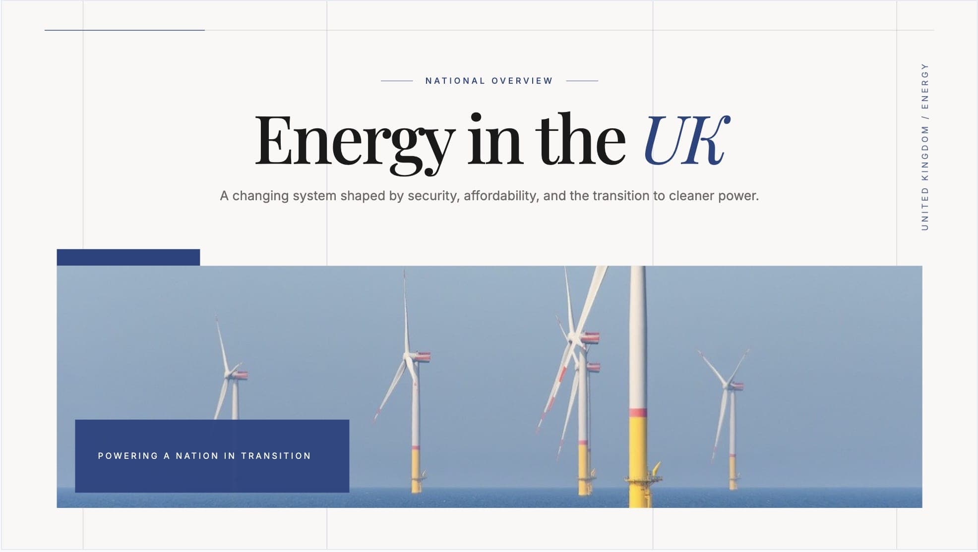 Generic AI-generated slide titled Energy in the UK with a serif headline, mismatched colors, and stock imagery