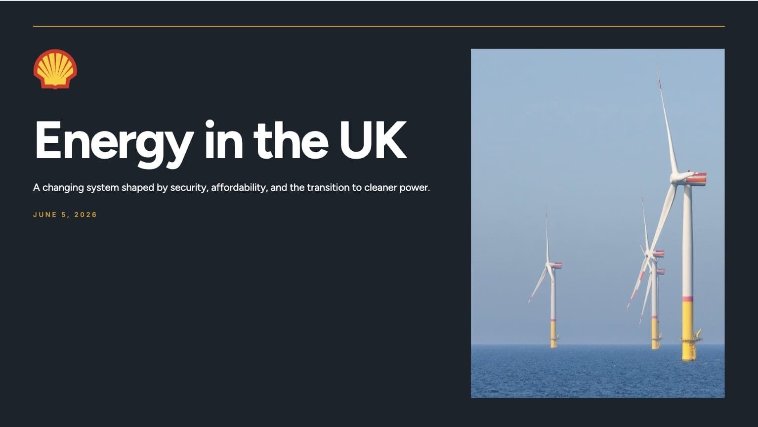 On-brand Shell slide titled Energy in the UK with the Shell logo, dark navy background, white sans-serif headline, and a yellow accent line