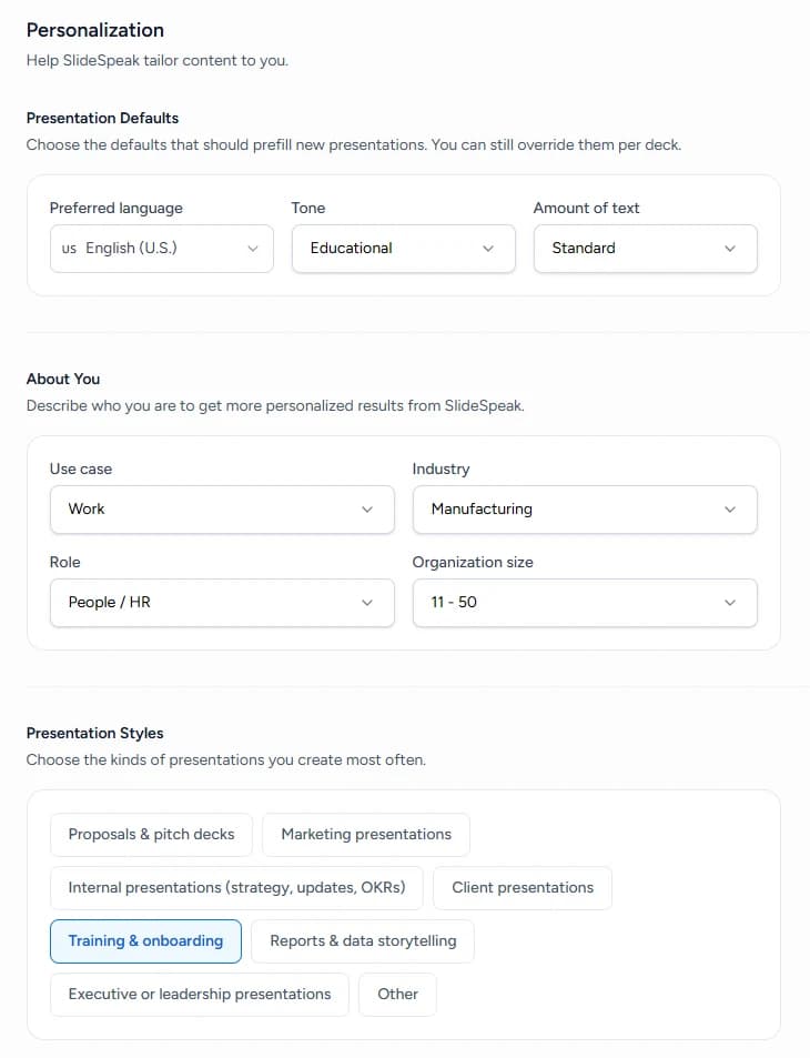 SlideSpeak Personalization settings with preferred language, tone, amount of text, About You fields and presentation styles