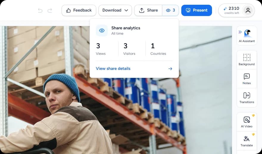 Das Popover Share analytics neben der Schaltfläche Share mit Aufrufen, Besuchern und Ländern