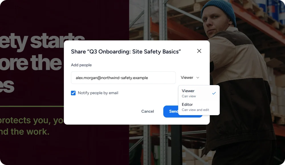 Der Teilen-Dialog mit eingetragener E-Mail-Adresse und geöffnetem Menü für die Rolle Viewer oder Editor
