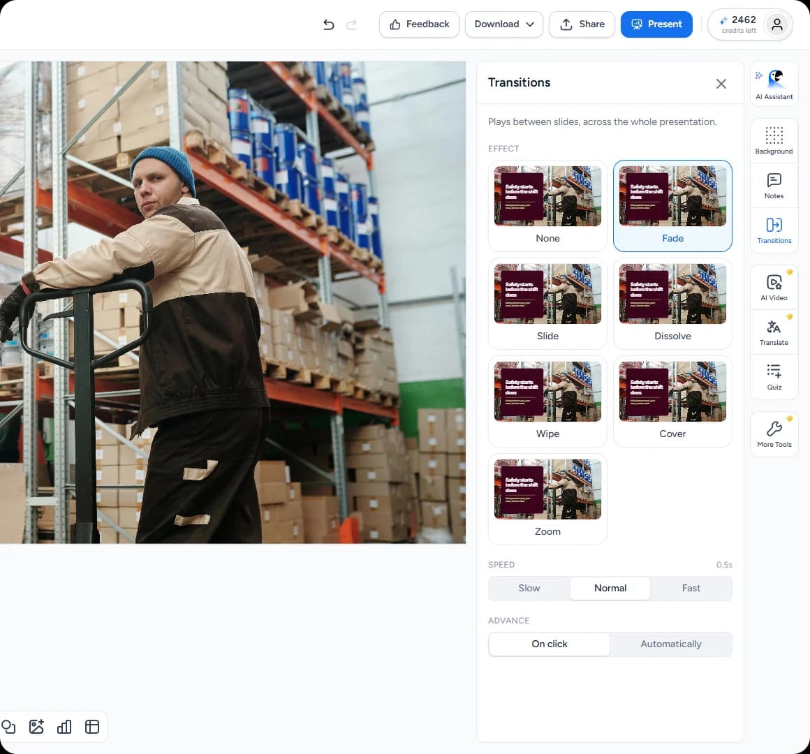 Panel Transitions dengan Fade terpilih, kecepatan Normal, dan maju per klik