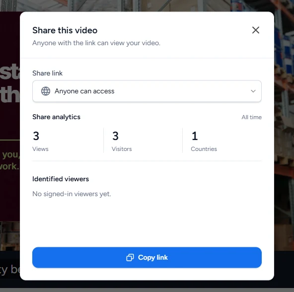 SlideSpeak-Freigabedialog für ein Video: Der Link ist für alle freigegeben, und die Freigabe-Statistiken zeigen Aufrufe, Besucher, Länder und identifizierte Betrachter