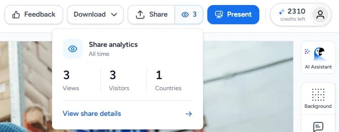 SlideSpeak editor top bar with the view count next to Share and the share analytics popover showing views, visitors and countries
