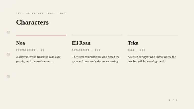 Logline Characters slide
