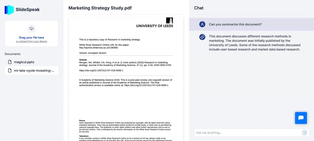 Summarize PDF with AI - SlideSpeak ChatGPT-Powered AI Chat