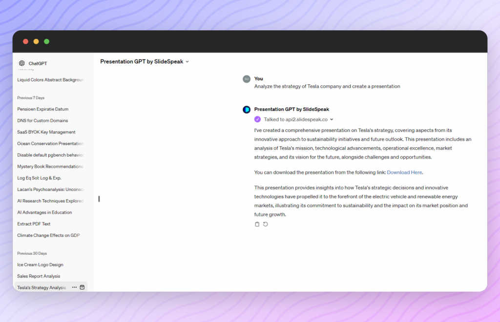 slidespeak request tesla, gpt for business