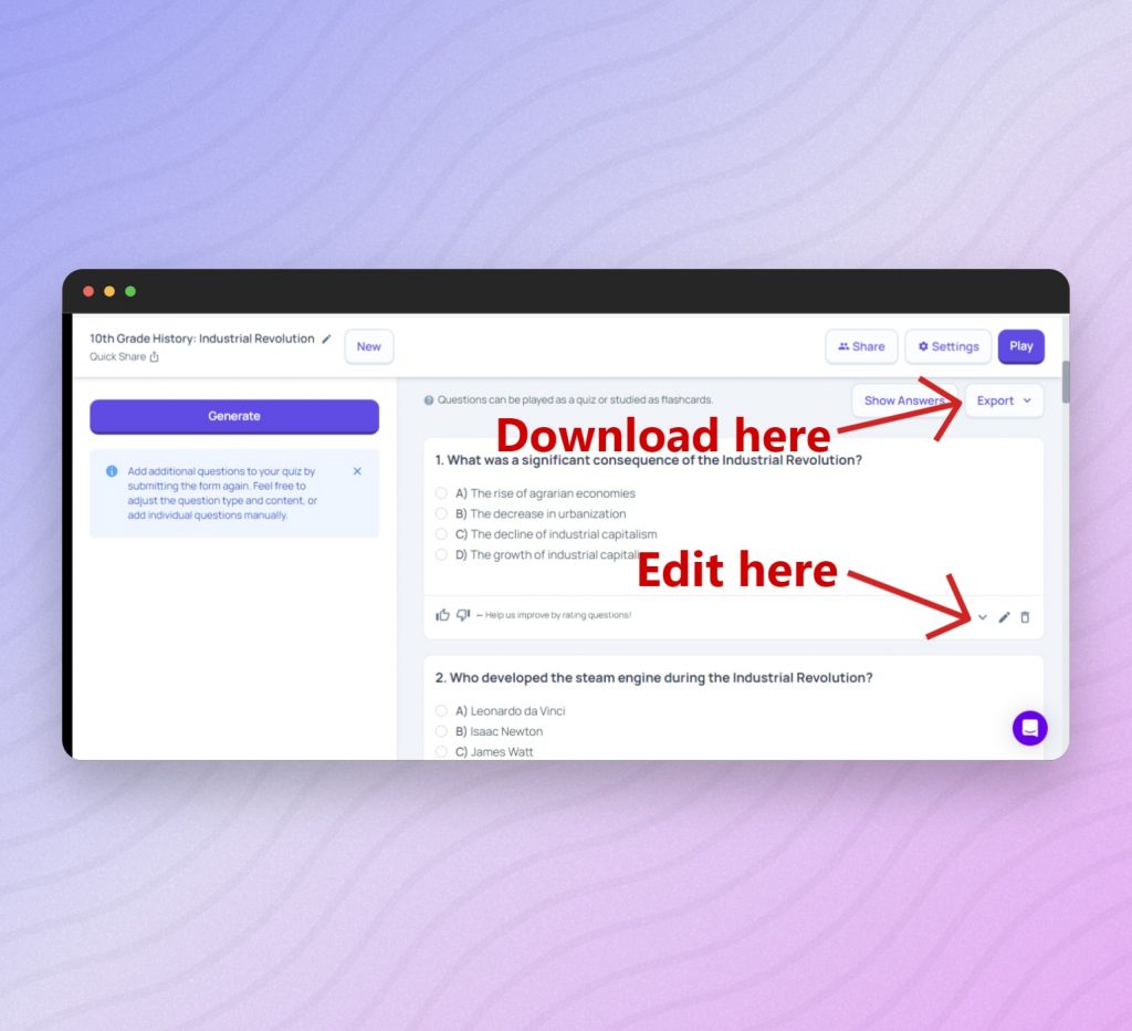 QuizGecko Edit and Download Quiz