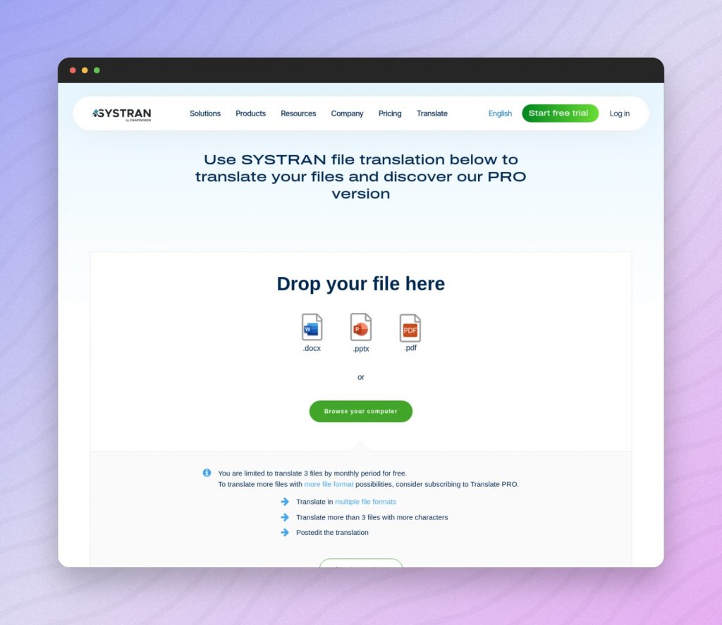 Systran PDF Translator Landing page