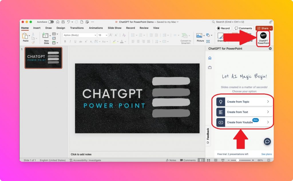 ChatGPT for PowerPoint Interface and Launch