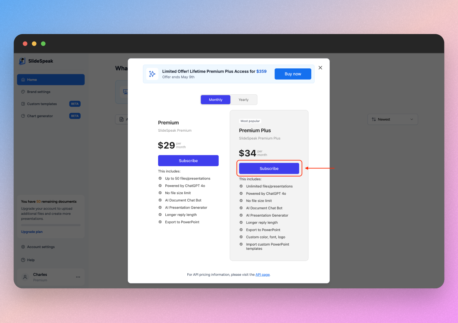 Available SlideSpeak subscription plans: Premium and Premium Plus, monthly or yearly subscription