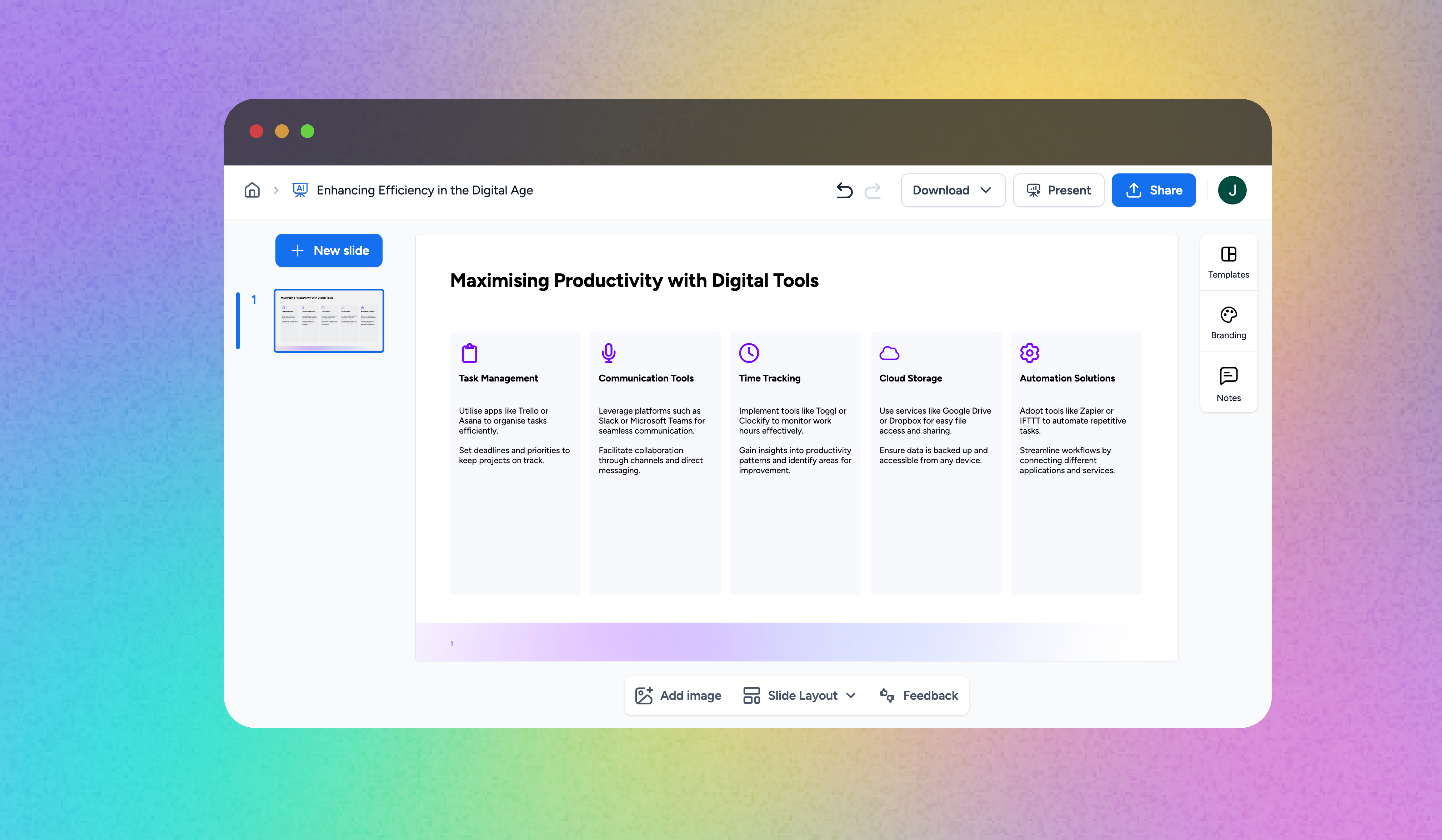 Screenshot of single slide presentation result