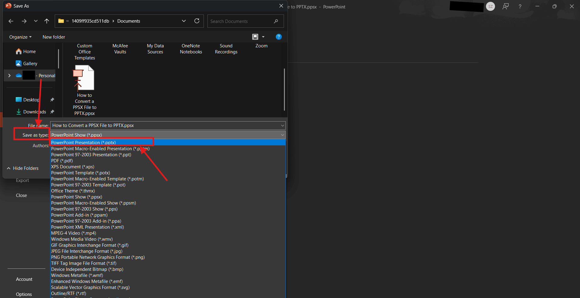 Screenshot of how to convert a PPSX file to PPTX in Microsoft PowerPoint step 8