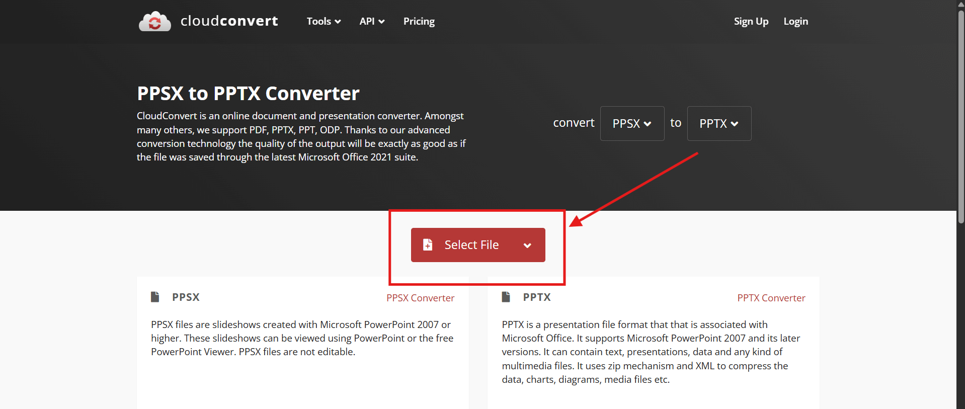 Screenshot of how to convert a PPSX file to PPTX using CloudConvert online converter step 1