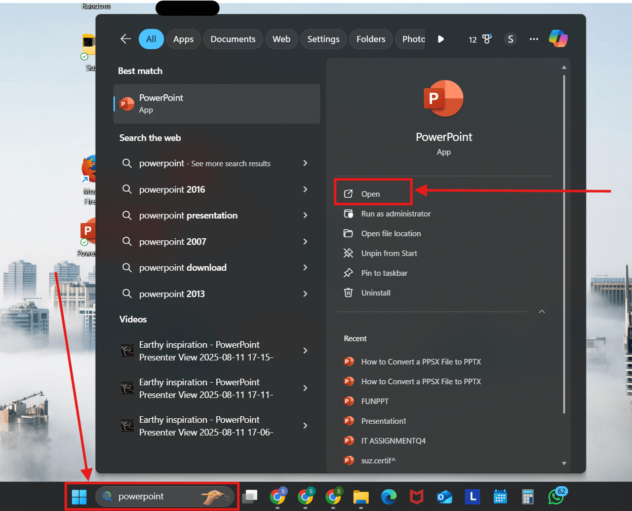 Screenshot of how to convert a PPSX file to PPTX in Microsoft PowerPoint step 1