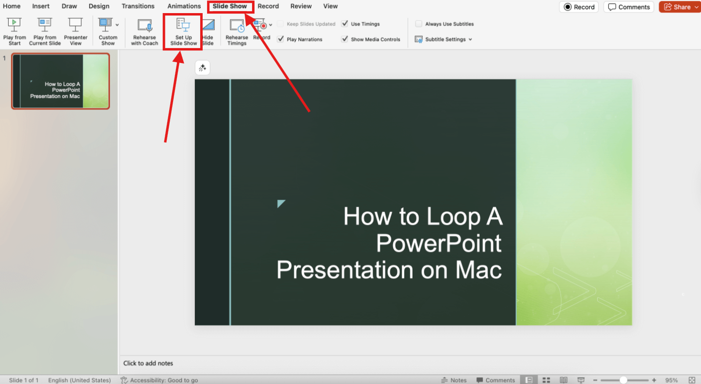 Screenshot of how to loop a PowerPoint on Mac step 2