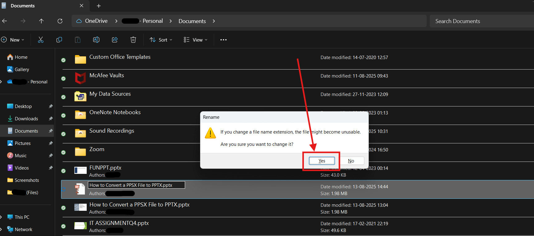 Screenshot of how to convert a PPSX file to PPTX by changing the file extension step 4