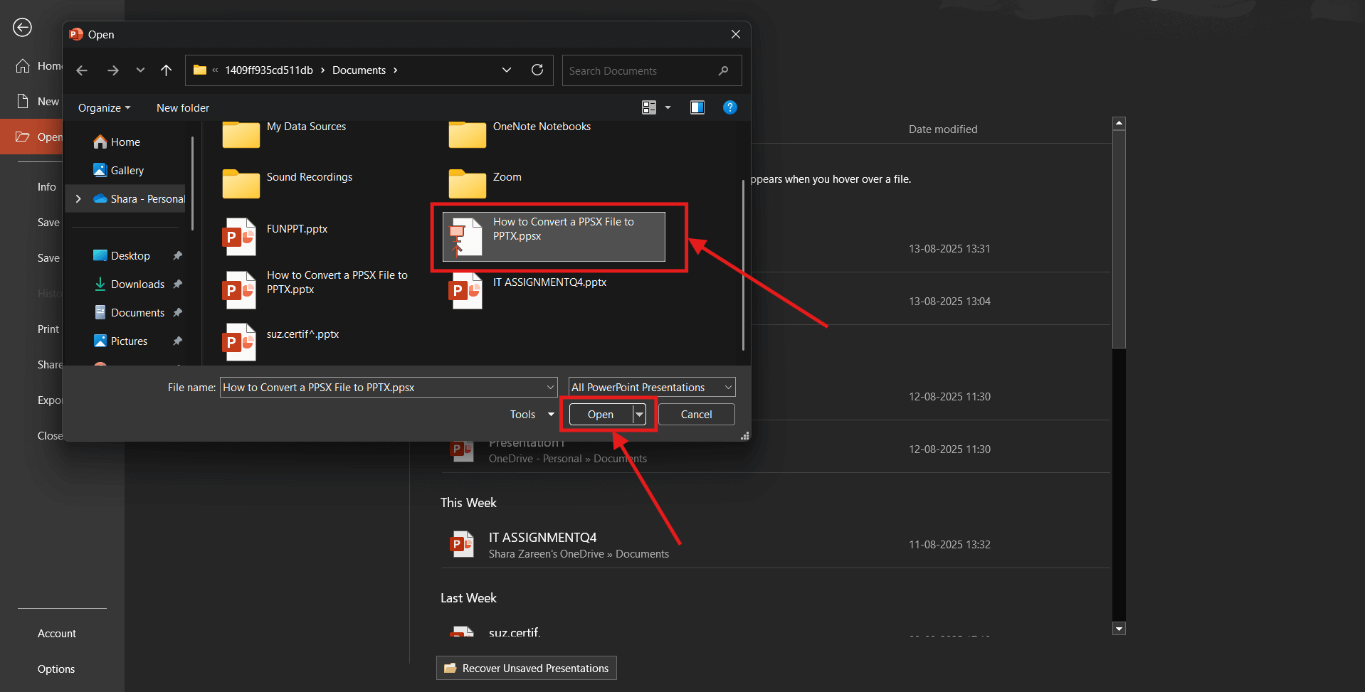 Screenshot of how to convert a PPSX file to PPTX in Microsoft PowerPoint step 3