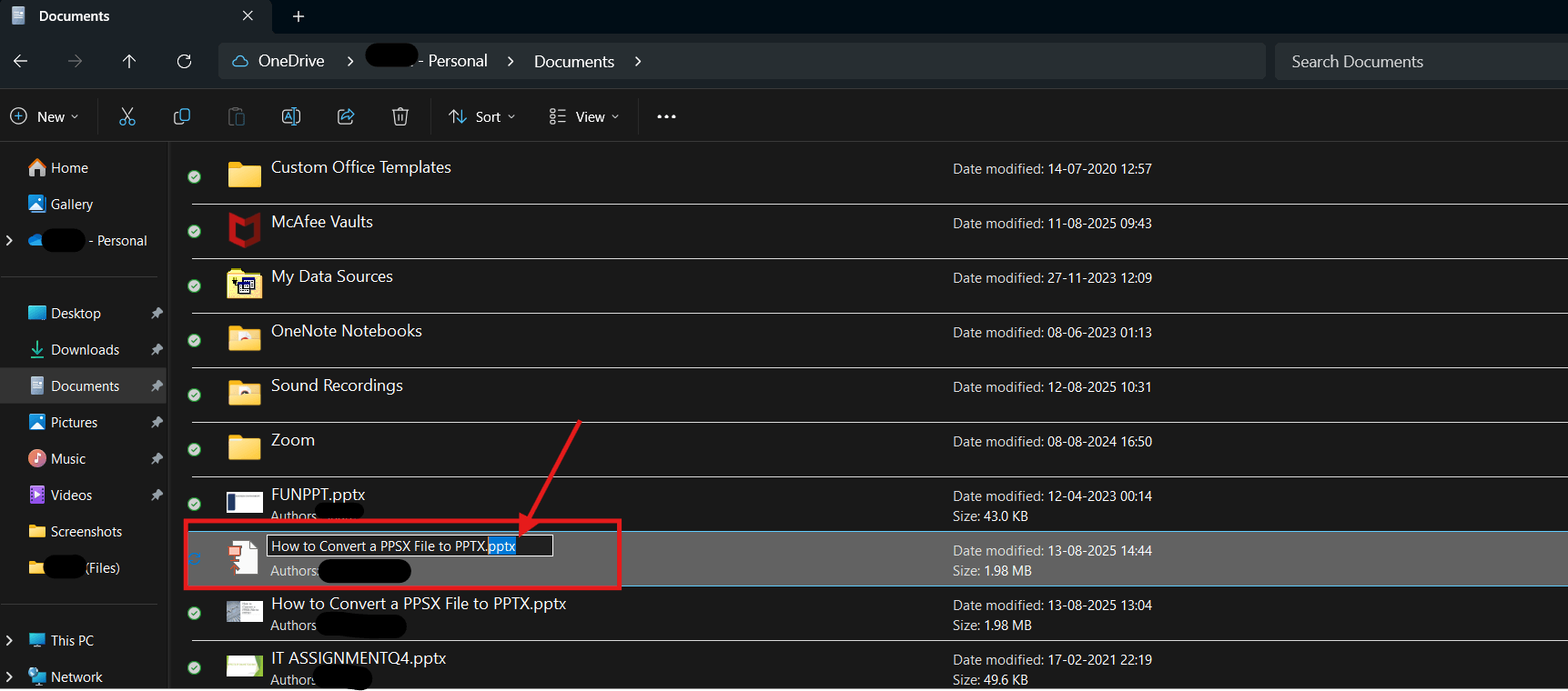 Screenshot of how to convert a PPSX file to PPTX by changing the file extension step 3