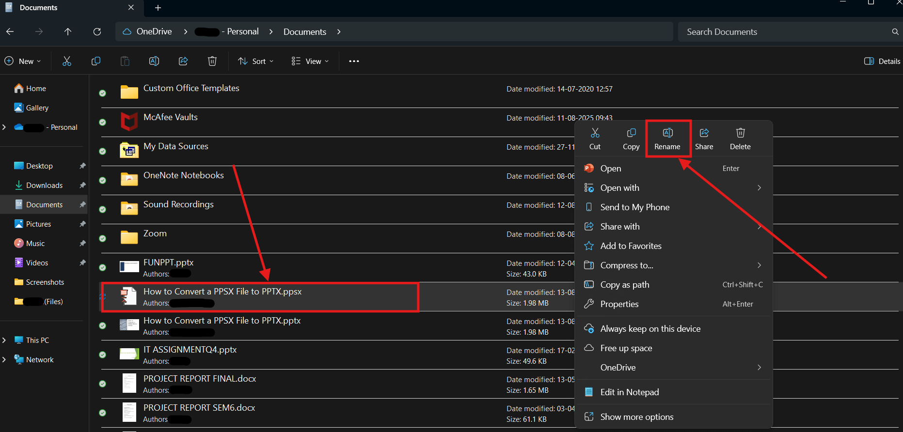 Screenshot of how to convert a PPSX file to PPTX by changing the file extension step 2
