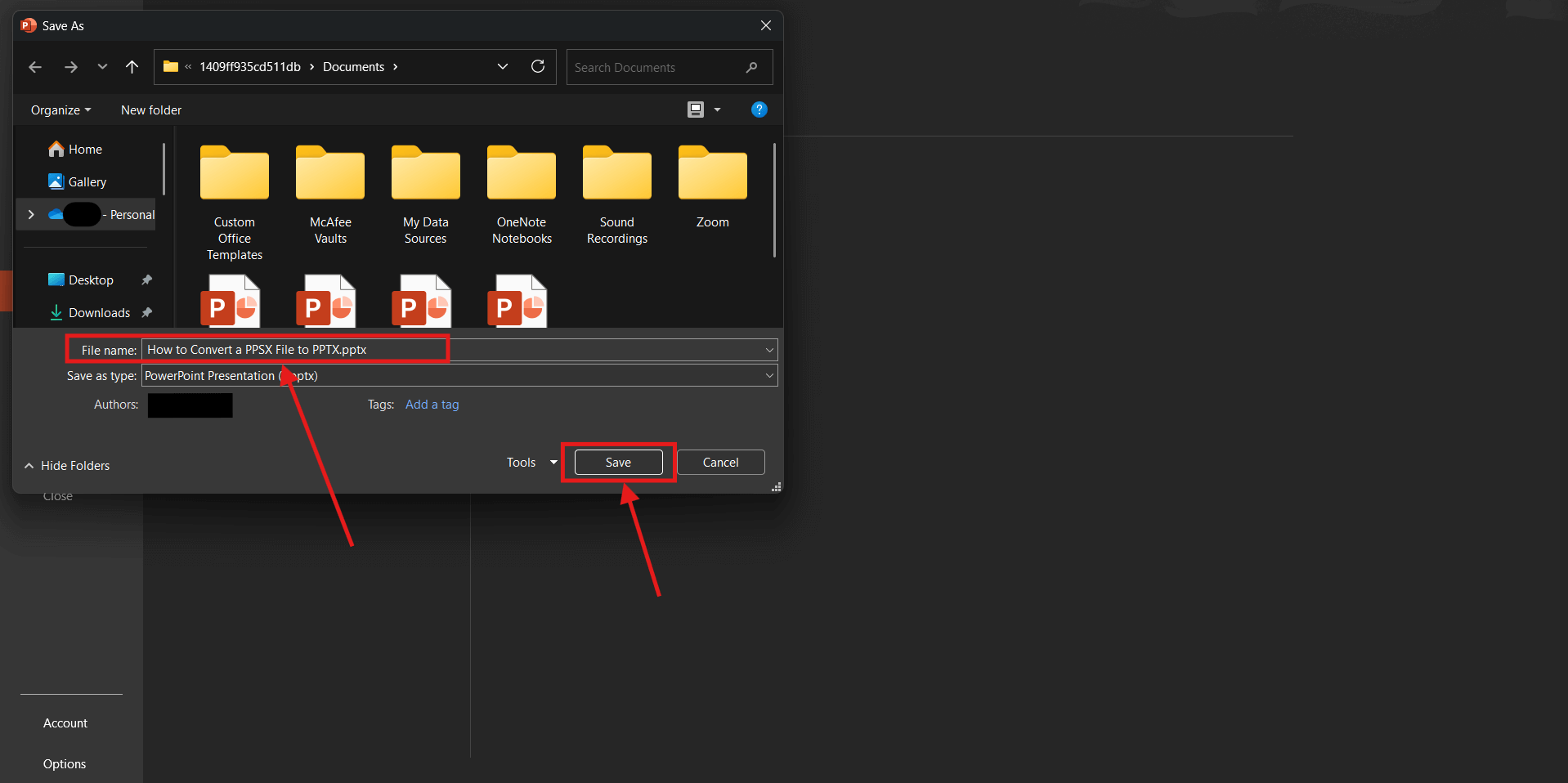 Screenshot of how to convert a PPSX file to PPTX in Microsoft PowerPoint step 9