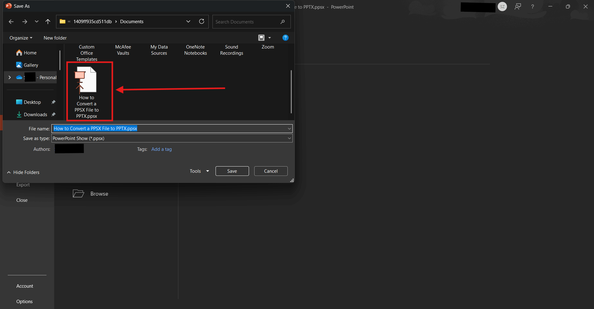 Screenshot of how to convert a PPSX file to PPTX in Microsoft PowerPoint step 7