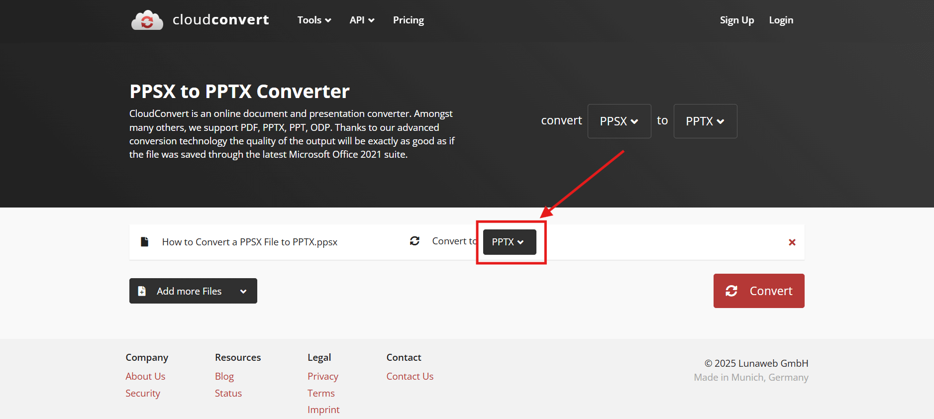 Screenshot of how to convert a PPSX file to PPTX using CloudConvert online converter step 3