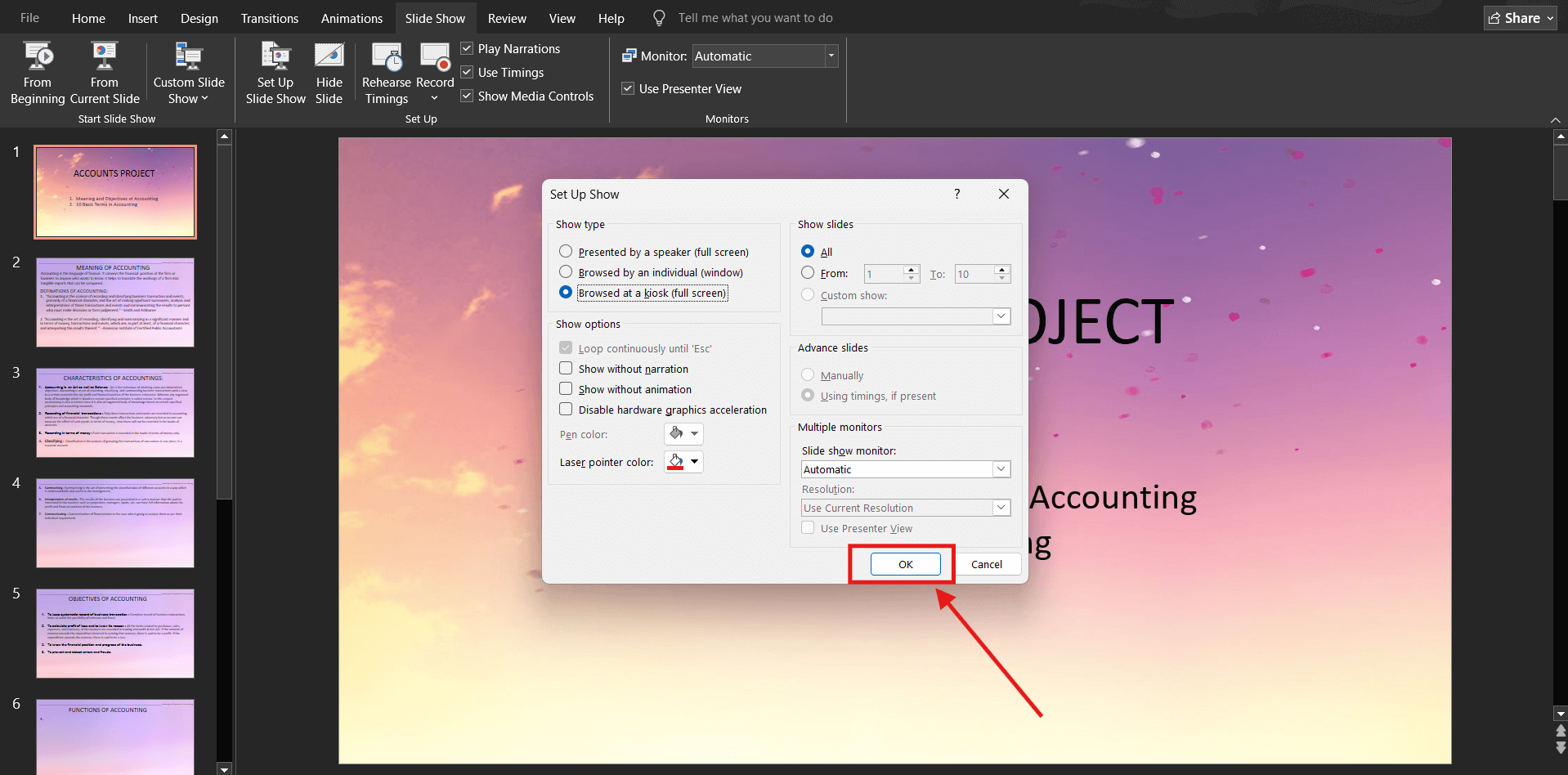 Screenshot of how to loop a PowerPoint presentation on Windows step 6