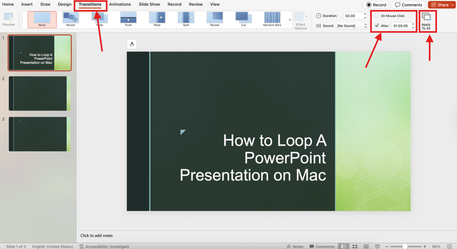 Screenshot of how to loop a PowerPoint on Mac step 4
