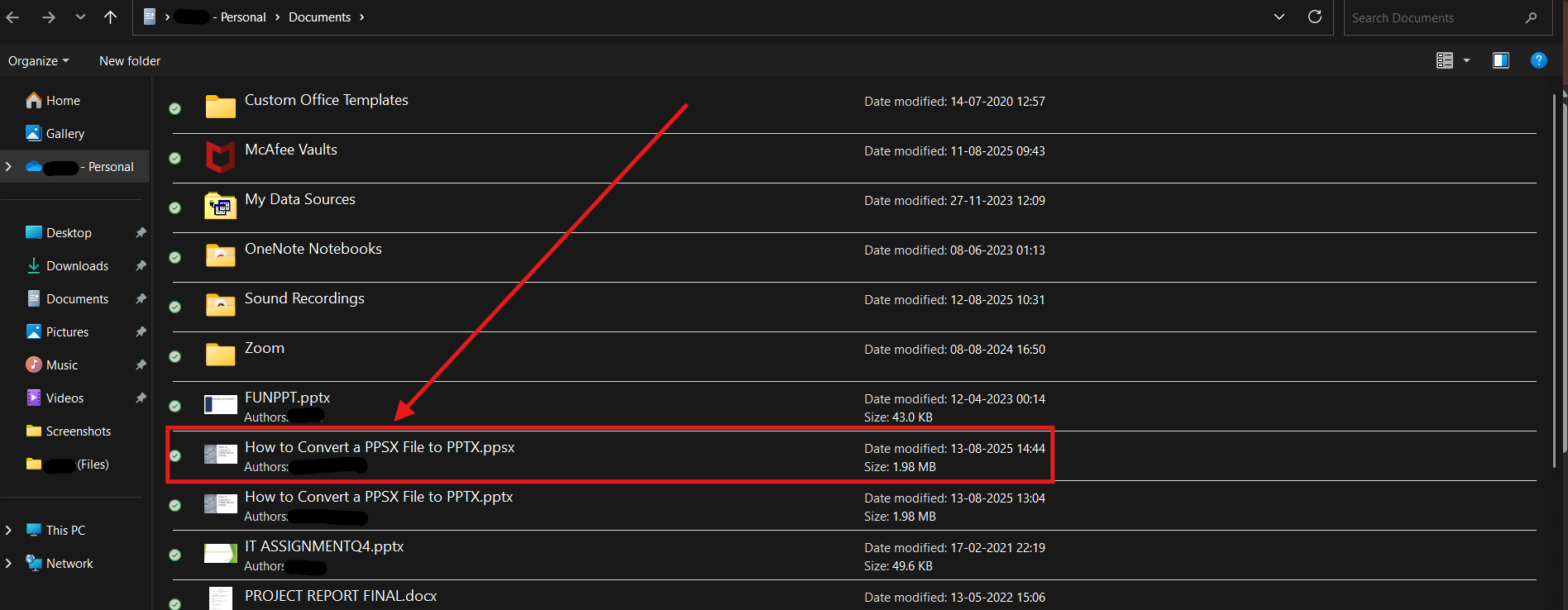 Screenshot of how to convert a PPSX file to PPTX using CloudConvert online converter step 2