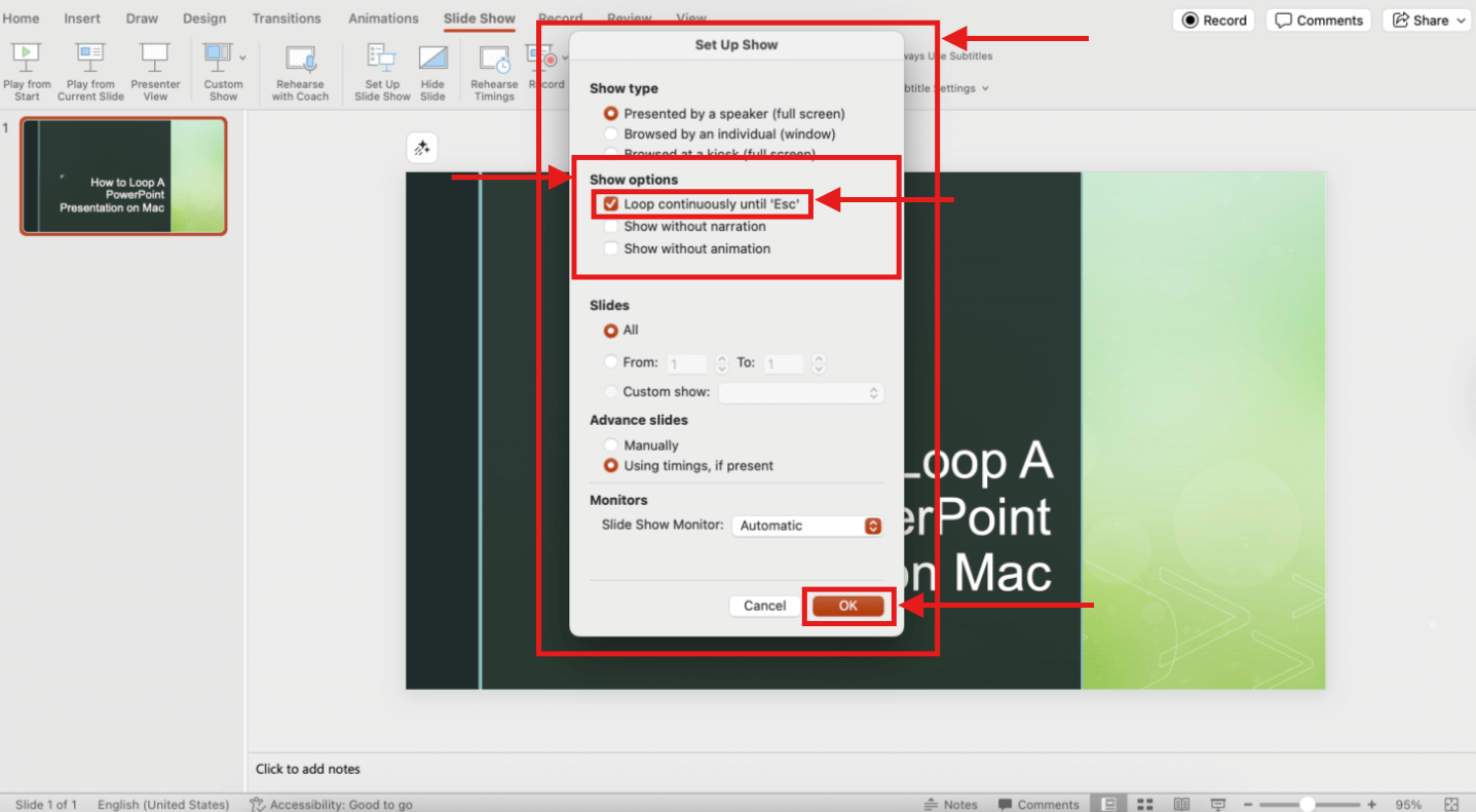 Screenshot of how to loop a PowerPoint on Mac step 3