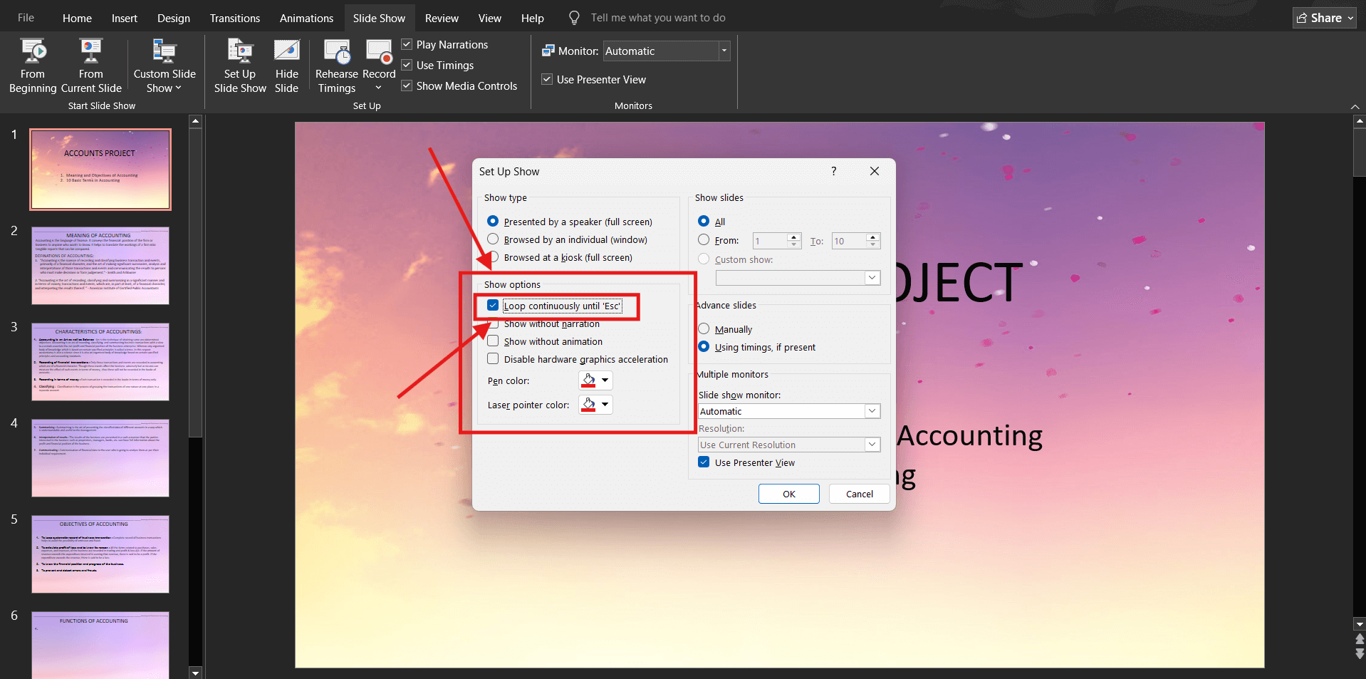 Screenshot of how to loop a PowerPoint presentation on Windows step 4