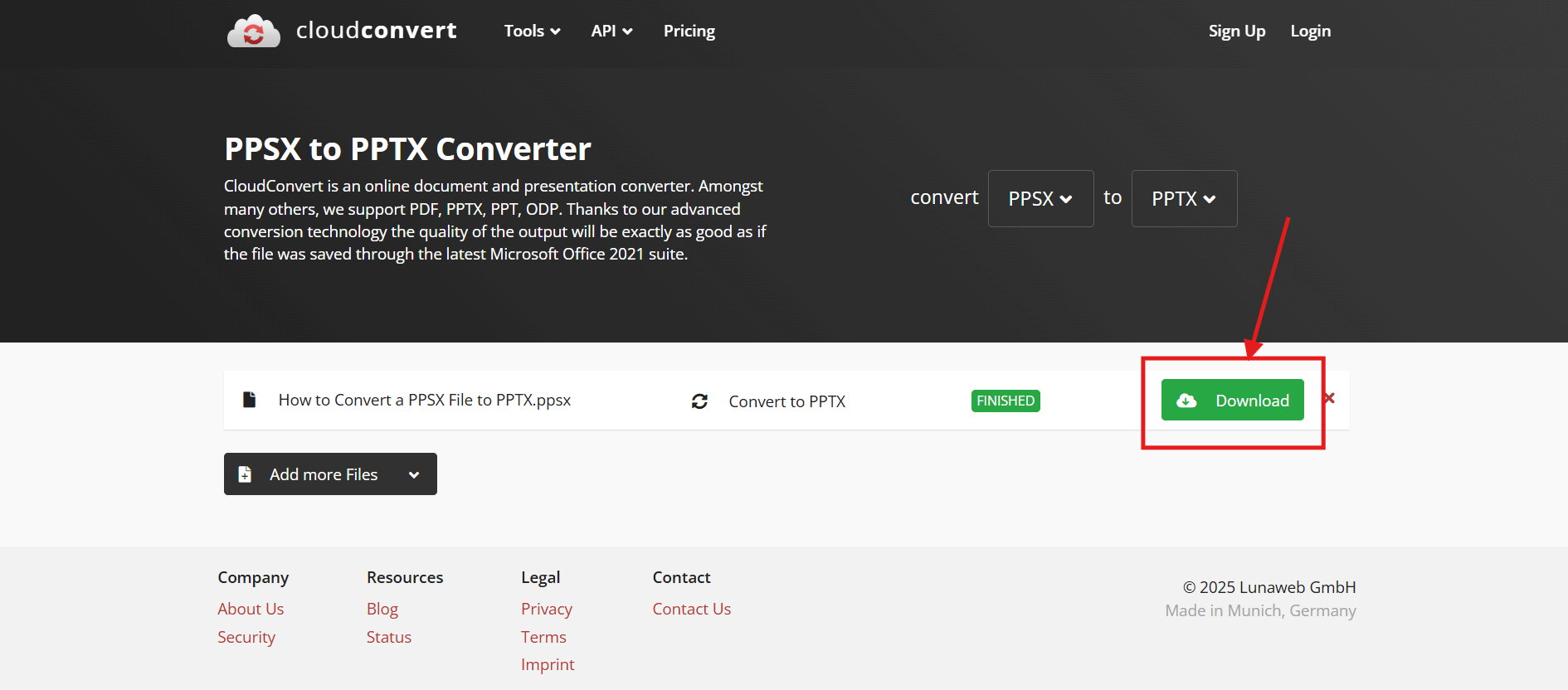 Screenshot of how to convert a PPSX file to PPTX using CloudConvert online converter step 5