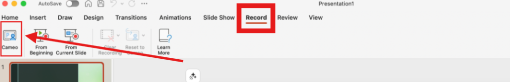 Screenshot highlighting the record tab and the cameo option