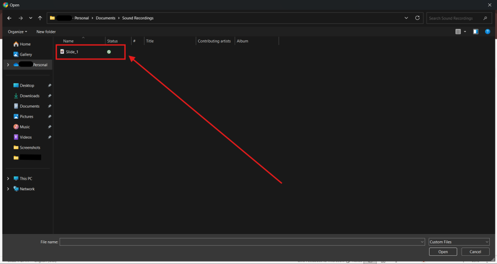Screenshot of how to add audio on PowerPoint online step 4