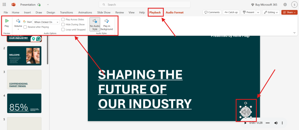 Screenshot of how to add audio on PowerPoint online step 5