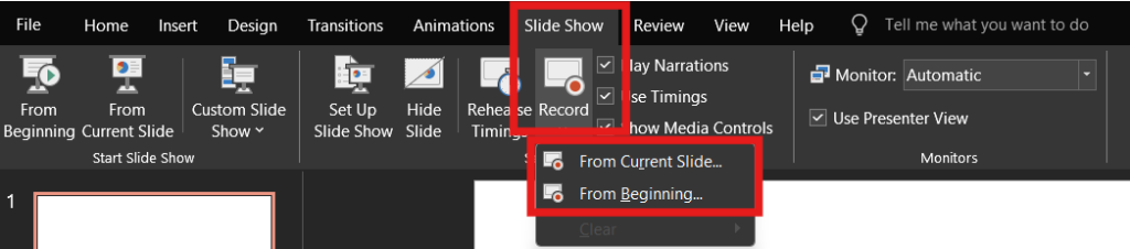 Screenshot of how to add audio to full presentation step 2