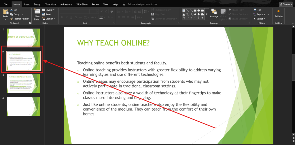Screenshot of how to add audio to one single slide step 1