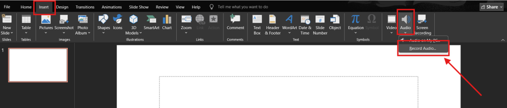 Screenshot of how to add audio to one single slide step 2