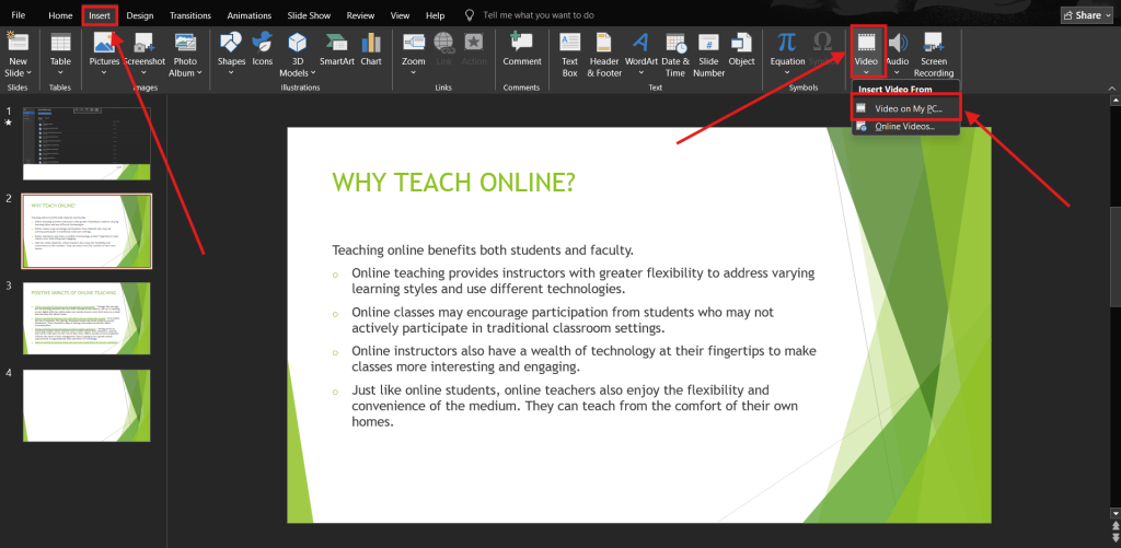 Screenshot of how to add text to screen recording in PowerPoint step 1